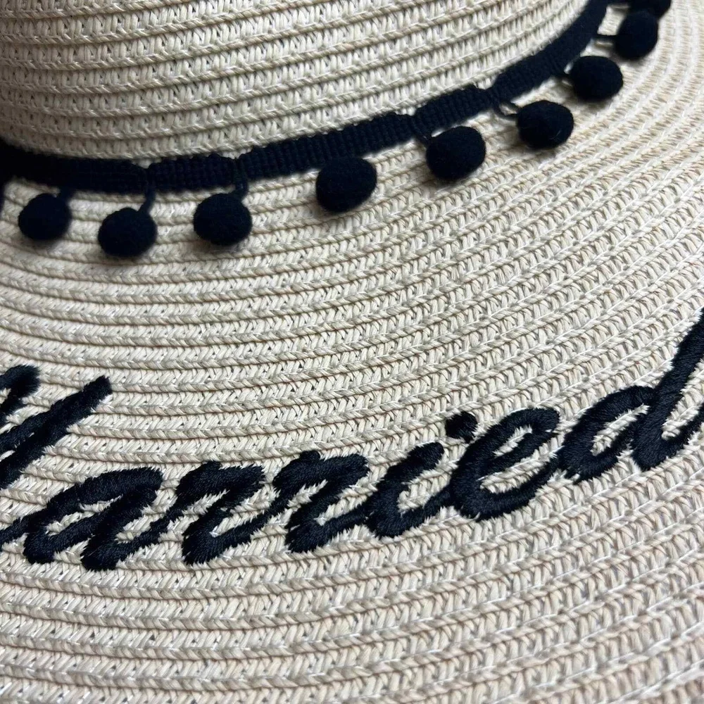 Altar'd State Just Married Embroidered‎ Packable Straw Paper Hat Pom Pom Summer